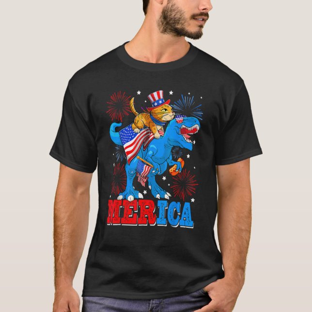 Camiseta Merica Cat  Rex America Flag Dinosaurs 4th Of July (Anverso)