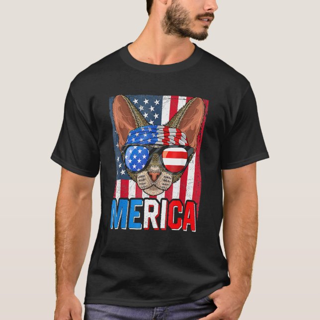 Camiseta Merica Devon Rex Cat Sunglass Bandera Estadouniden (Anverso)