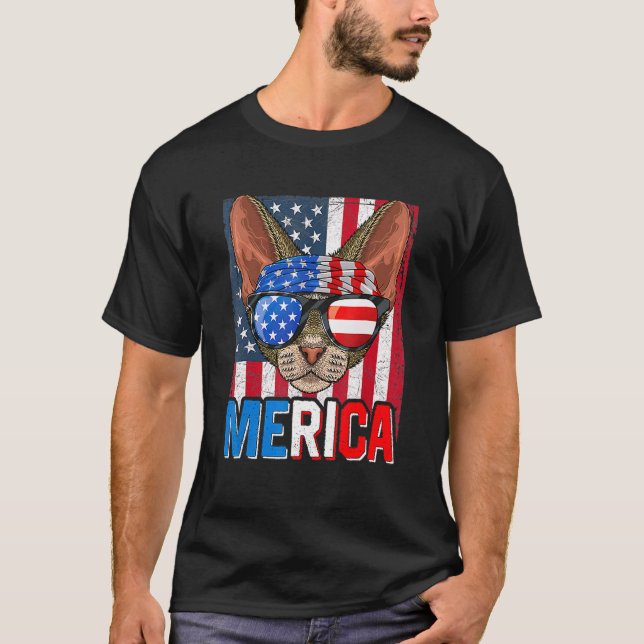 Camiseta Merica Gato Devon Rex 4 De Julio  Bandera American (Anverso)