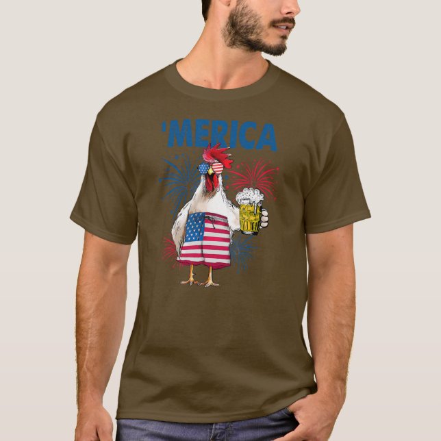 Camiseta Merica Graciosa Pollo con cerveza Bandera de Estad (Anverso)