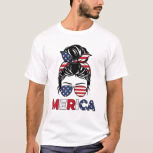 Camiseta Merica Mamá Chica Bandera Americana Messy Bun Hair