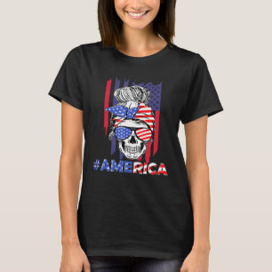 Camiseta Merica Messy Bun Skull 4 De Julio Bandera American
