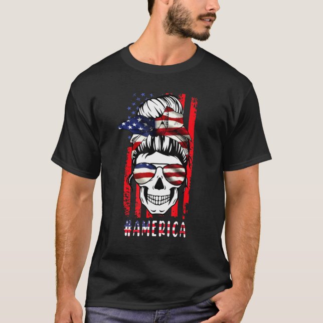 Camiseta Merica Messy Bun Skull 4 De Julio Bandera American (Anverso)