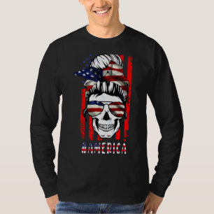 Camiseta Merica Messy Bun Skull 4 De Julio Bandera American