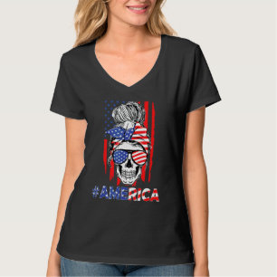 Camiseta Merica Messy Bun Skull 4 De Julio Bandera American