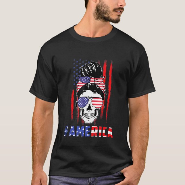 Camiseta Merica Messy Bun Skull 4 De Julio Bandera American (Anverso)