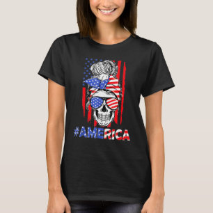 Camiseta Merica Messy Bun Skull 4 De Julio Bandera American