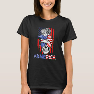 Camiseta Merica Messy Bun Skull 4 De Julio Bandera American