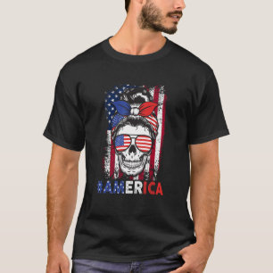 Camiseta Merica Messy Bun Skull 4 De Julio Bandera American