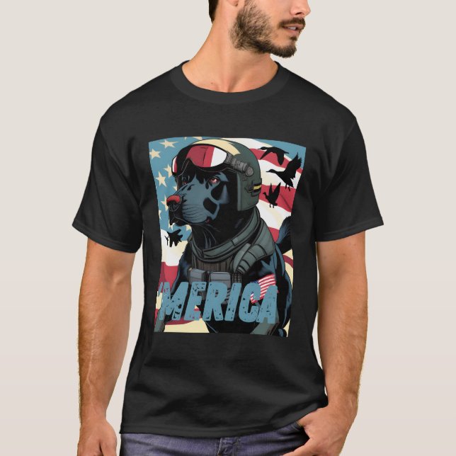 Camiseta Merica Patriótica Negro Labrador 4 De Julio Pato H (Anverso)