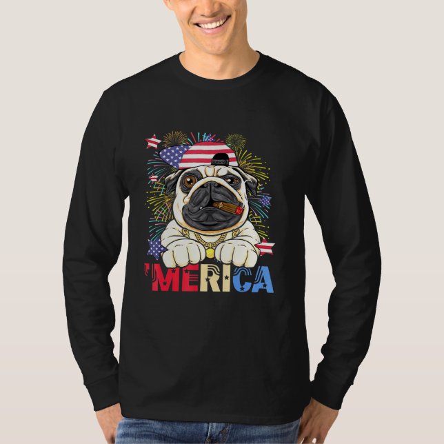 Camiseta Merica Pug Us Bandera Fuegos Artificiales 4 De Jul (Anverso)