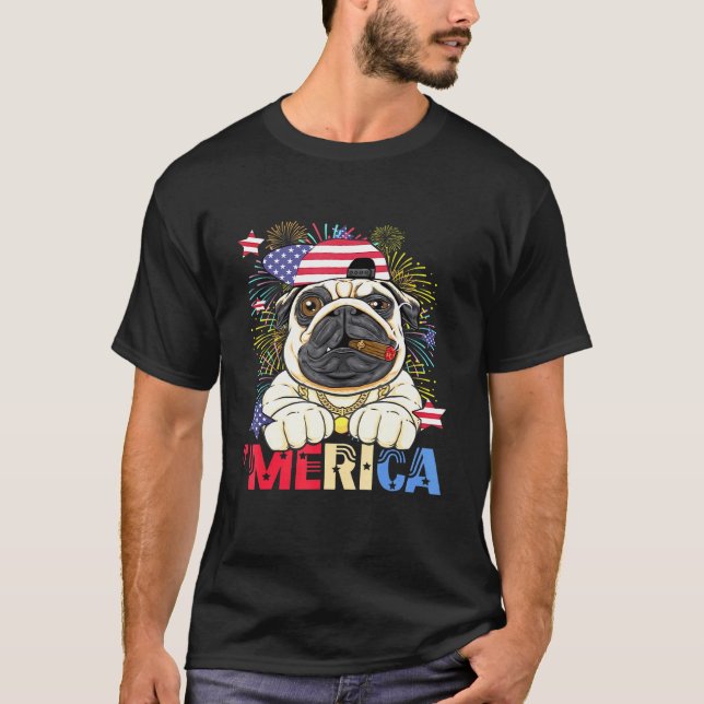 Camiseta Merica Pug Us Bandera Fuegos Artificiales 4 De Jul (Anverso)
