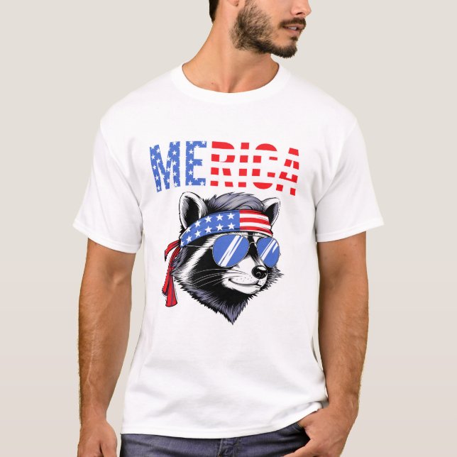 Camiseta Merica Raccoon USA Flag Bandana Sunglasses Funny  (Anverso)