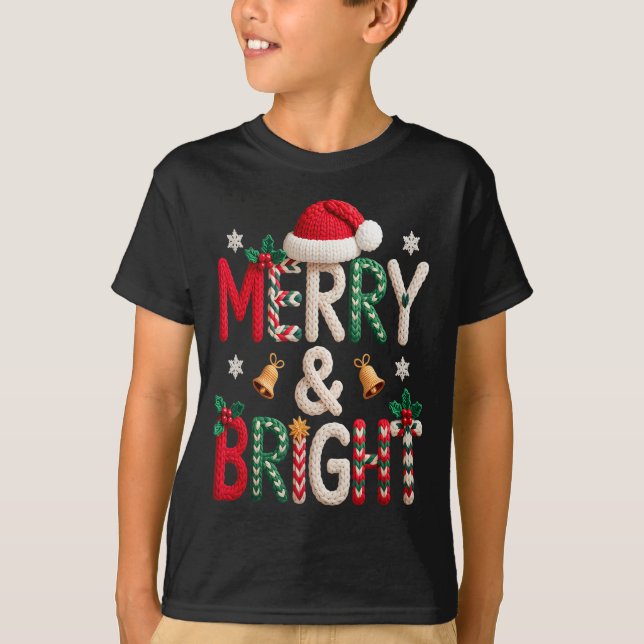 Camiseta Merry &amp; Bright Christmas Santa Hat Crochet Kni (Anverso)