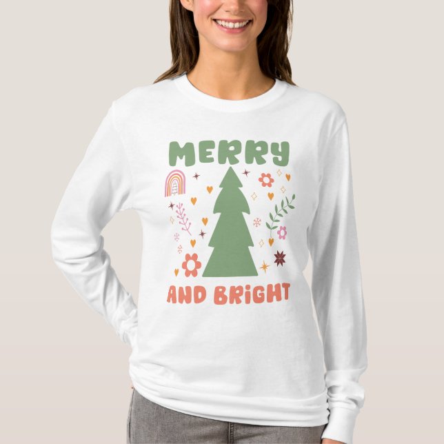 Camiseta Merry and Bright, Navidades de flores de Boho (Anverso)