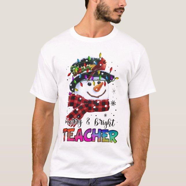 Camiseta Merry And Bright Teacher Snowman Christmas Light (Anverso)