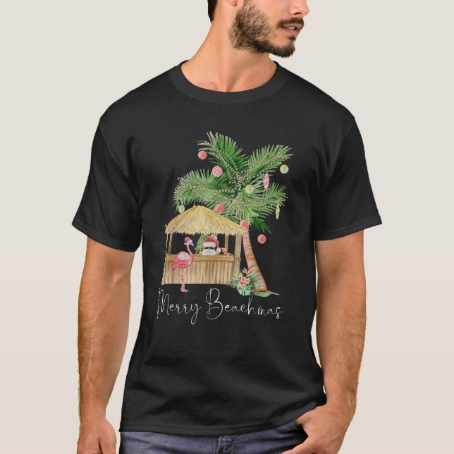 Camiseta Merry Beachmas Hawaii Pink Flamingo Palm Tree Ch (Anverso)