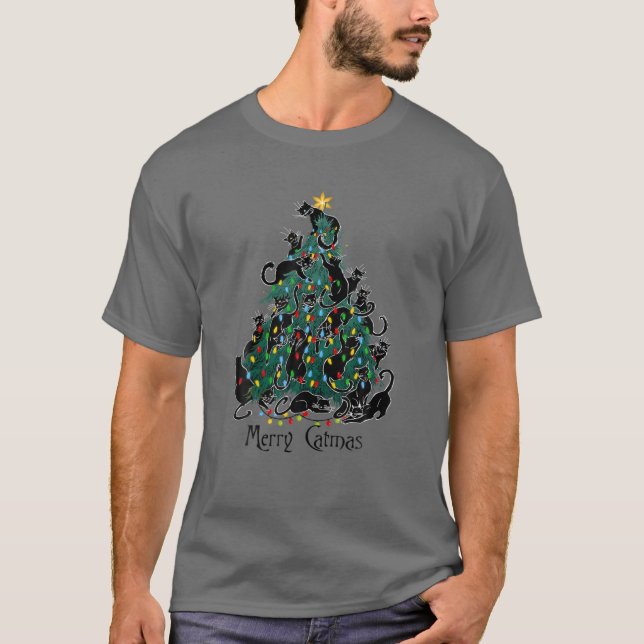 Camiseta Merry Catmas Black Cat Lover Christmas Tree Light (Anverso)