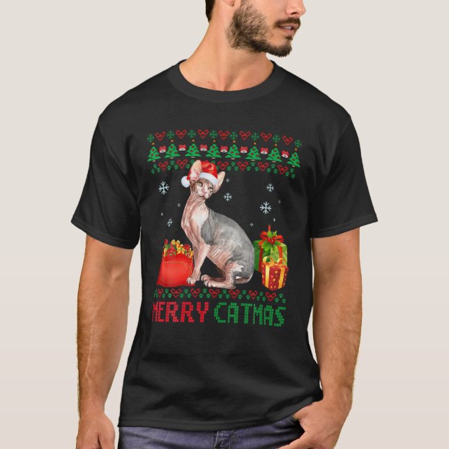 Camiseta Merry Catmas Gato Navidades feos Sphynx Mamá Papá (Anverso)