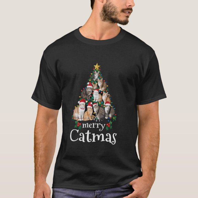 Camiseta Merry Catmas Gracioso Cat Mom Cat Dad Árbol de Nav (Anverso)