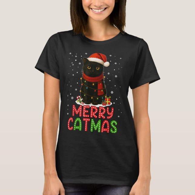 Camiseta Merry Catmas Santa Hat Funny Black Cat Christmas W (Anverso)