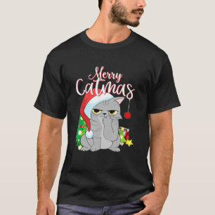 Camiseta Merry Catmas Santa Hat Gray Cat Funny me Navidades
