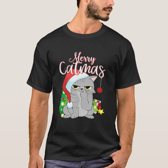 Camiseta Merry Catmas Santa Hat Gray Cat Funny me Navidades (Anverso)