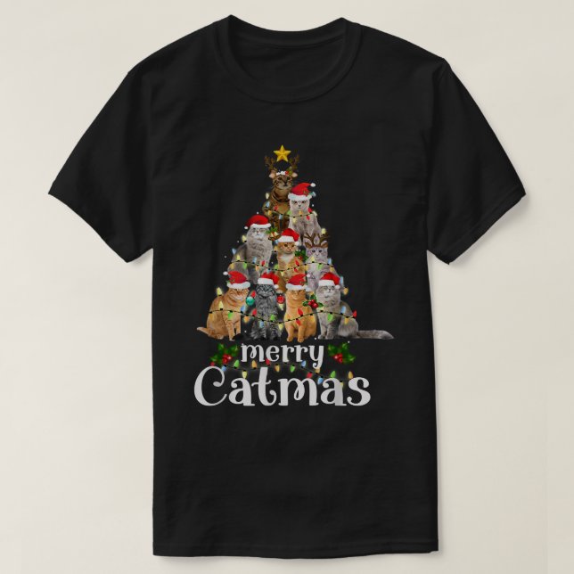 Camiseta Merry Catmas Tree Lights Funny Christmas Cat Match (Diseño del anverso)