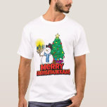 Camiseta Merry Chrismukkah Snowman Menorah y nombre persona<br><div class="desc">Divertido Merry Chrismukkah con un muñeco de nieve sosteniendo una menorah frente a un árbol de Navidad en blanco. En la parte trasera hay un texto divertido que puedes borrar o cambiar a cualquier cosa que funcione para ti. Si fusionas las festividades, o conoces a alguien que celebra tanto a...</div>