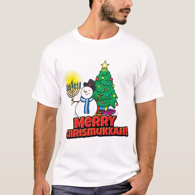 Camiseta Merry Chrismukkah Snowman Menorah y nombre persona (Anverso)