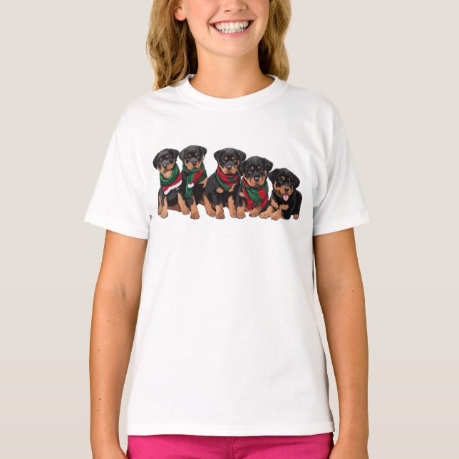 Camiseta Merry Chrismutts Cachorros Rottweiler con bufanda (Anverso)