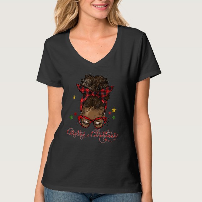 Camiseta Merry Christmas Black Women Messy Bun Red Plaid (Anverso)