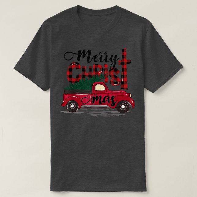 Camiseta Merry Christmas Buffalo Plaid Red Truck Christian  (Diseño del anverso)