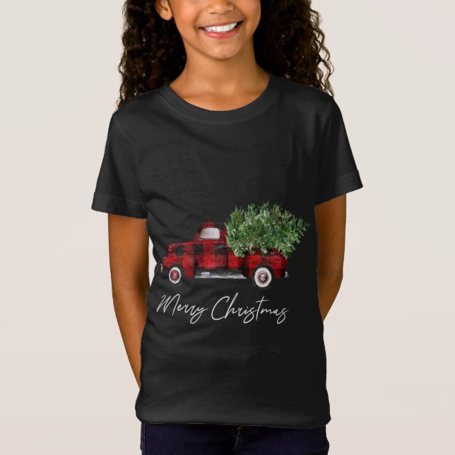 Camiseta Merry Christmas Buffalo Plaid Red Truck Tree (Anverso)