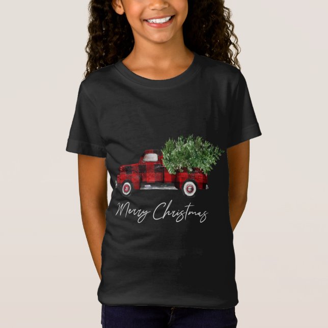 Camiseta Merry Christmas Buffalo Plaid Red Truck Tree (Anverso)