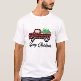 Camiseta Merry Christmas Buffalo Plaid Red Truck Tree