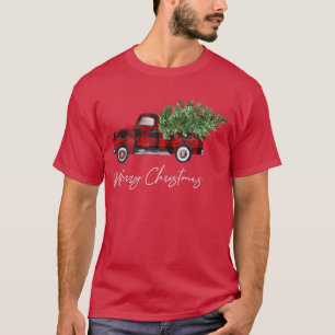 Camiseta Merry Christmas Buffalo Plaid Red Truck Tree for M