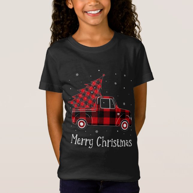 Camiseta Merry Christmas Buffalo Red Plaid Truck Tree (Anverso)