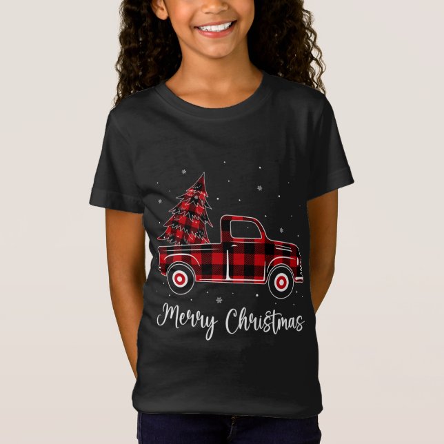 Camiseta Merry Christmas Buffalo Red Plaid Truck Tree (Anverso)