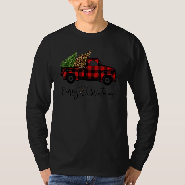 Camiseta Merry Christmas Buffalo Truck Tree Red Plaid Leopa (Anverso)