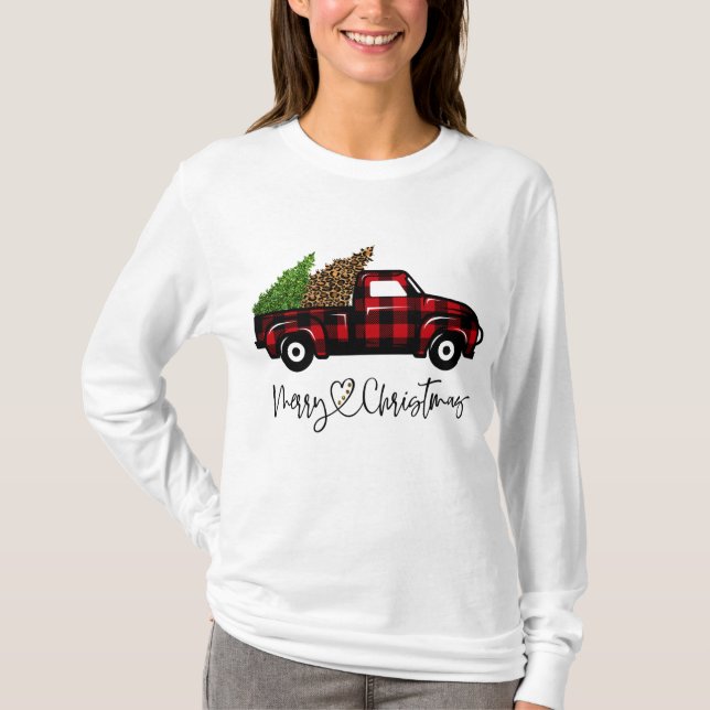 Camiseta Merry Christmas Buffalo Truck Tree Red Plaid Leopa (Anverso)