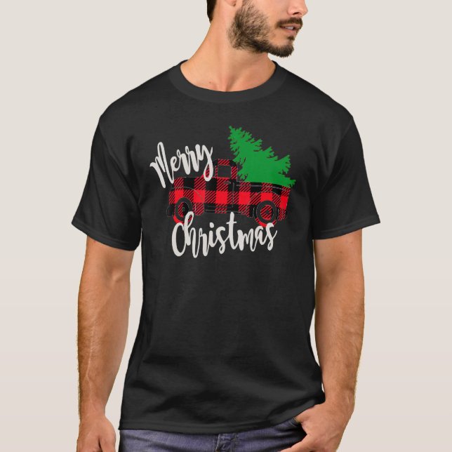 Camiseta Merry Christmas Buffalo Truck Tree Red Plaid Men W (Anverso)