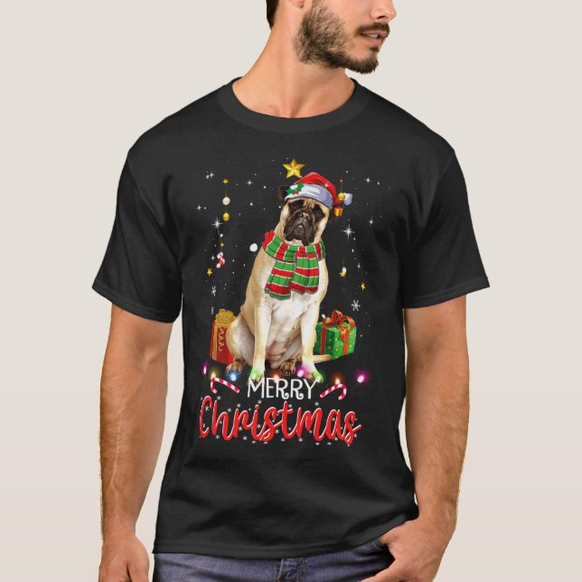 Camiseta Merry Christmas Bullmastiff Santa Hat Tree Luces (Anverso)