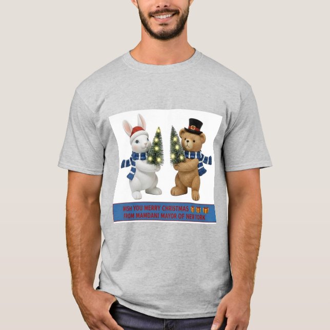 Camiseta Merry Christmas Bunny and Bear Holding Trees T-Shi (Anverso)