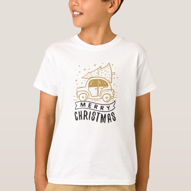 Camiseta Merry Christmas Car Tree Gold Black Cute (Anverso)
