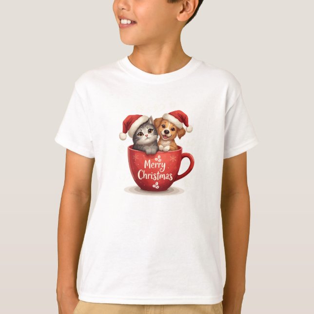 Camiseta Merry Christmas Cat and Dog in Mug Shirt, Cute Pet (Anverso)