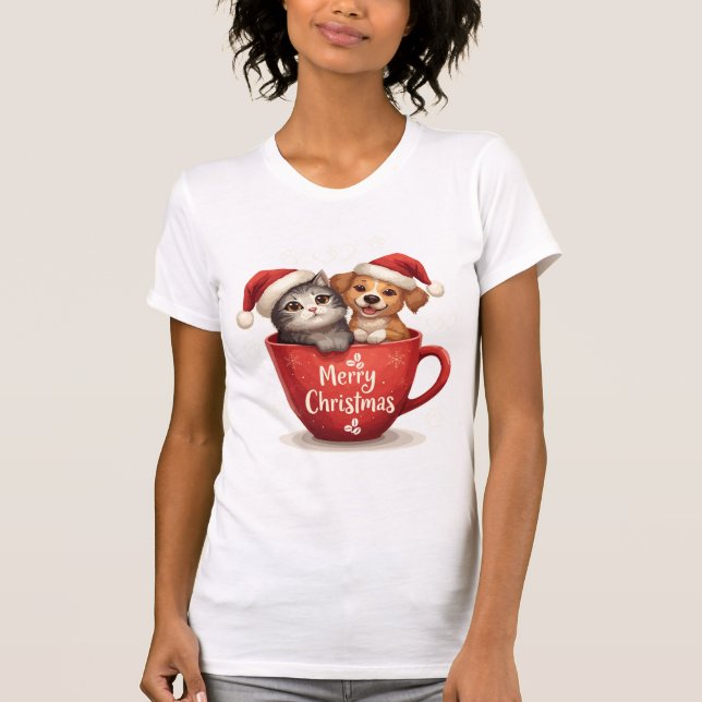 Camiseta Merry Christmas Cat and Dog in Mug Shirt, Cute Pet (Anverso)
