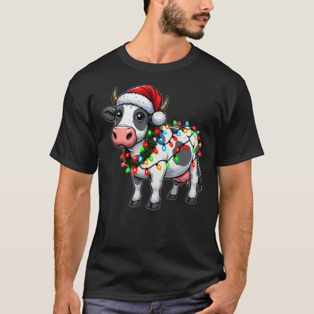 Camiseta Merry Christmas Cow Santa Christmas Lights Cow Xma (Anverso)