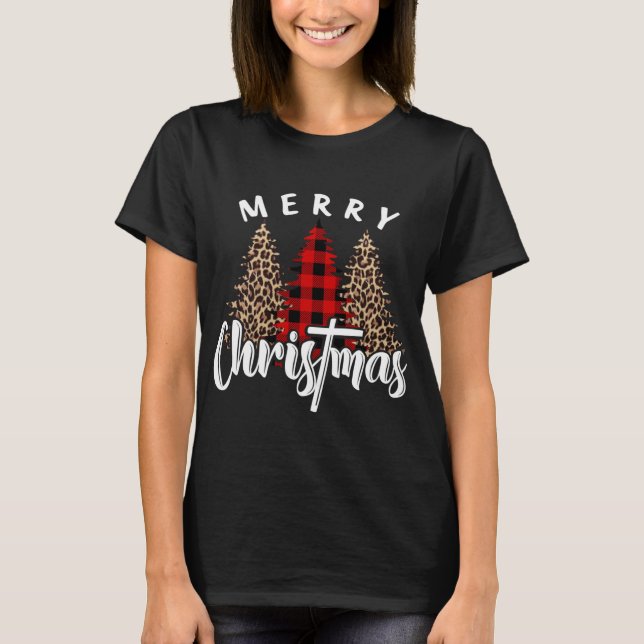 Camiseta Merry Christmas Cross Buffalo Plaid Leopard Print (Anverso)