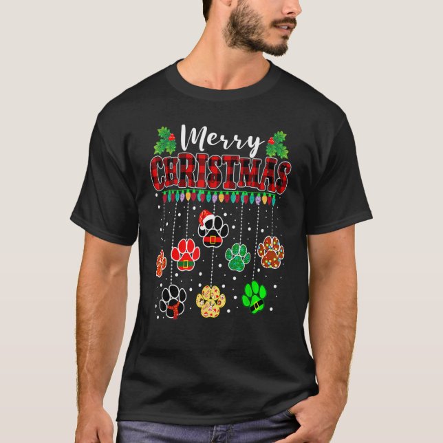 Camiseta Merry Christmas Dog Paw Print Buffalo Plantado Roj (Anverso)